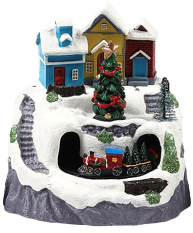 Veemoon Beleuchtete Weihnachtshäuser, Musik-Schneedorf-Figur mit Leiter, Baum, drehbarer Eisenbahn und LED-Lichtern für die Heimdekoration