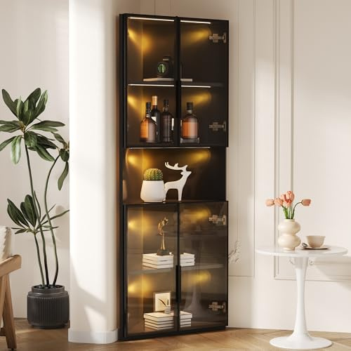 BTM Schwarz Glasvitrine Stehend mit Tür, Eckvitrine Wohnzimmer, 160cm LED Vitrine Schmal Sammlervitrine Eckschrank