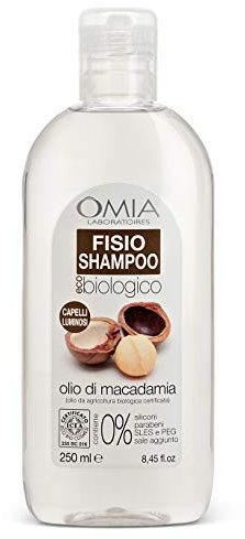 Omia Fisio Shampoo Eco Bio Macadamia-Öl, geeignet für häufigen Gebrauch, ideal für gestresstes und stumpfes Haar, feuchtigkeitsspendende Wirkung, dermatologisch getestet, ohne SLES und PEG, 250 ml