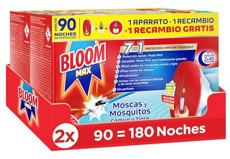Bloom Max Insecticida Eléctrico Líquido (2 aparatos + 4 recambios), antimosquitos 7en1, insecticida contra moscas y mosquitos común y tigre, 180 noches de protección