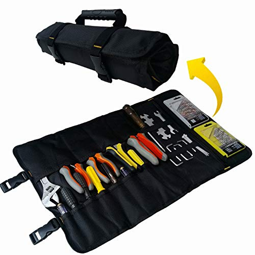 Copechilla Werkzeugrolltasche schwarz mit verstellbarer schnalle,22 Fächer und gummigriff,Material 1680D dick wasserdicht und verschleißfest,Rolltasche 59X36CM,für Handwerkzeug, Auto-Notfalltasche