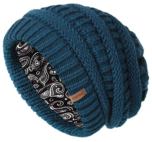 FURTALK Unisex Slouch Beanie Satin gefütterte Strickmütze für Haar Herren und Damen Wintermütze Blau