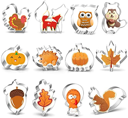 12 Stück Herbst Erntedankfest Ausstechformen Set, Blatt Ausstecher, Herbst keksausstecher, Edelstahl Ausstechformen für Kinder Thanksgiving, Cookie Cutters Fuchs, Kürbis, Eichenblatt, Eichhörnchen