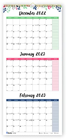 Blueline Bunter Drei-Monats-Wandkalender 2023, 14 Monate, Dezember 2022 bis Januar 2024, goldene Doppeldrahtbindung, 31,1 x 68,6 cm, Blätter-Design (C171129-23), mehrfarbig