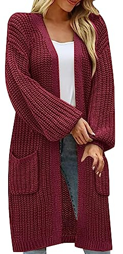 HOOUDO Strickjacke Damen Lang Ärmeln, lockeren großen Taschen, lässiger Strickpullover Strickjacken Clip (Red, M)