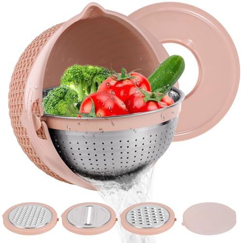 Kitchen Colander with Salad Mixing Bowl 360° Rotating Rice Washer with 3 Thread Graters & Lid, Stainless Steel Pasta Strainer Vegetable Washing Basket for Washing,Slicing(Pink)