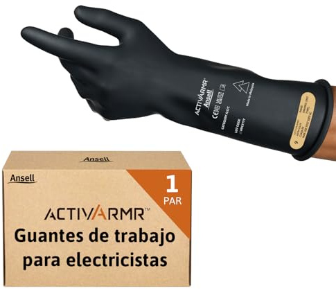 Ansell ActivArmr Elektriker-Schutzhandschuhe, Elektroschutz Klass 00 (500V), Elektrisch Isolierende Gummihandschuhe, Professionelle Arbeitshandschuhe 36cm, Schwarz, Größe L (1 Paar)