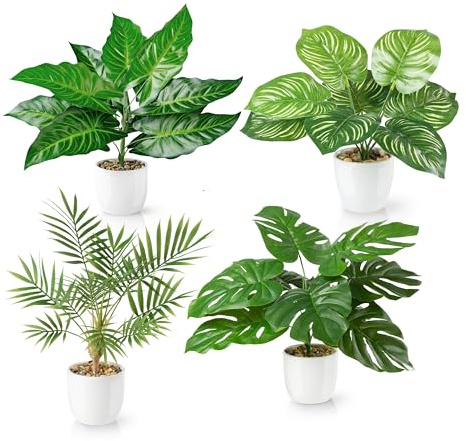PASCH® Set med 4 tropiska konstgjorda växt som riktiga (35 cm) i vita keramiska krukor: bland annat monstera konstgjord & Areca konstpalm | Konstgjorda växter i kruka