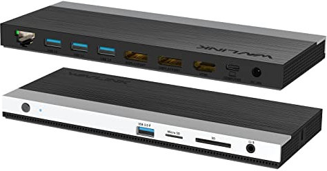 Wavlink Docking Station USB C 13 in 1, ricarica PD 100 W, adattatore Triple 4K Display Type-C con HDMI, 2DP+HDMI, 4USB 3.0, Gigabit Ethernet, lettore di schede TF/SD