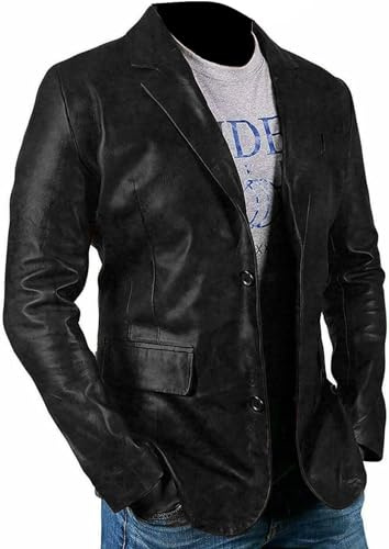 HiFacon Chaqueta de piel de cordero auténtica para hombre, de corte entallado, chaqueta de cuero negro para hombre, Negro - Blazer con bolsillos con solapa, M