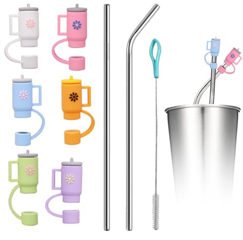 TYXHXTF Strohhalme, Wiederverwendbar Trinkhalme mit 6 Stück Strohhalm Abdeckung, mit 1 Reinigungsbürste, Trinkhalm Schutzdeckel für 10 mm Strohhalme