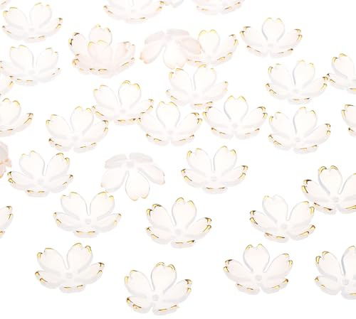 PATIKIL Perline Distanziatrici Floreali, 50pz Perline Fiori Ciliegio Acrilico Pendenza a 5 Petali Placcati Oro per Bracciali, Orecchini, Collane, Creazione Gioielli, Gradiente Bianco