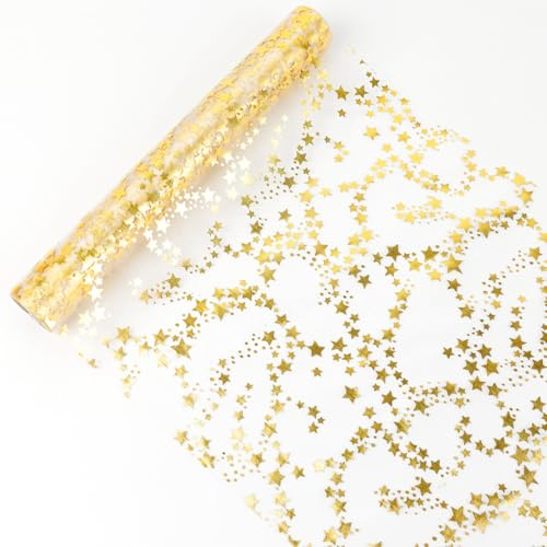 Tischläufer Weihnachten, Tischläufer Rolle mit Doppelseitiger Gold Stern, 28CM x 500CM, Tischband Glänzend Tischdeko, für Weihnachten, Silvester, Adventszeit, Ramadan