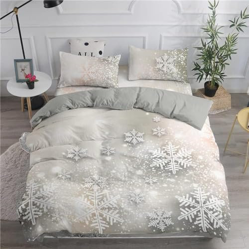 HATEGE 3D Schneeflocke Bettwäsche 150x200 Winter 3 Teilig Weiche Mikrofaser Bettwäsche Schneeflocke Bettbezug Set und 2 Kissenbezug 80x80 cm mit Reißverschluss L547