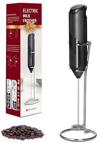 YSSOA Electric Milk Frother Handheld with Stainless Steel Stand Battery Operated Whisk Drink Mixer for Coffee, Latte, Matcha, Hot Chocolate, Black