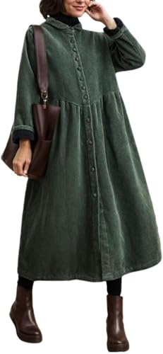 Vagbalena Vestito da Donna vintage classico in velluto a coste con bottoni e revers invernale monopetto tinta unita caldo di media lunghezza giacca casual (Verde,XL)
