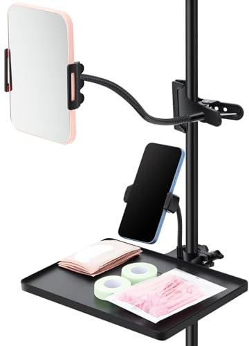 Saillong Adjustable Lash Tray Holder for Ring Light Tray 10.6 x 8 Lash Trays Organizer with Phone Holder, Makeup Mirror and Mirror Clip for Salon or Home Use Eyelash Extensions Supplies