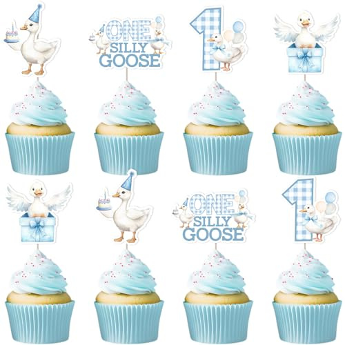 Wonmelody Goose First Birthday Decorations for Boy 24Pcs One Silly Goose Cake Topper Blue Goose Cupcake Toppers One Silly Goose Birthday Decor Farm Animal First-Birthday Supplies for Funny Goose Bash
