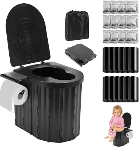 WDKXCN Campingtoalett vikbar, extra stor 36,5 cm hög camping toaletter, mobil toalett med pappersrullhållare och telefonhylla, camping WC med lock, campingklo för resor, vandring, fiske
