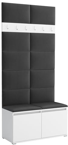 Brent - Garderobenschrank Flur Weiß mit sitzbank 100 cm Breit Luton 1 - Multifunktionale Flurgarderobe Set mit Stauraum und Wandpaneel, Garderobe mit Sitzfläche und Kleiderhaken