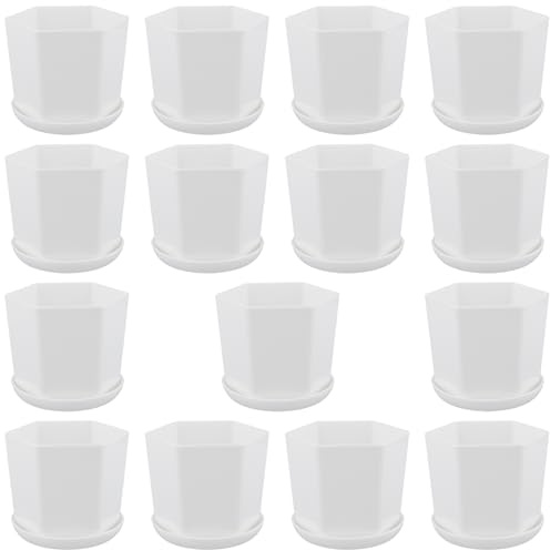 CHUEN 15 stycken små blomkrukor vita, 9 x 8,1 cm plast hexagon odlingskrukor med underlägg, planteringskrukor hexagon för kaktus, suckulenter, balkong, dekoration