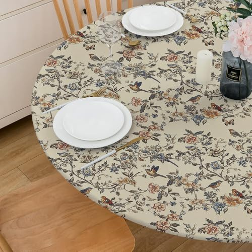 Vintage French Flowers Bird Butterfly Garden Round Fitted Tablecloth with Elastic Edge Waterproof Oil Proof Table Cover Cloth Round Tables for Dinner, Outdoor, Picnic(Fitted to 45-56 Diameter)