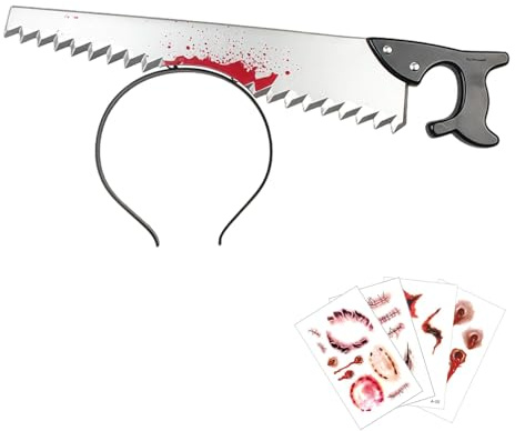 GWAWG Halloween Messer Im Kopf mit 5 Realistischen Narben Tattoos, Axt, Säge, Dolch, Hackmesser, Schere Kostümzubehör für Erwachsene und Kinder Party Requisiten