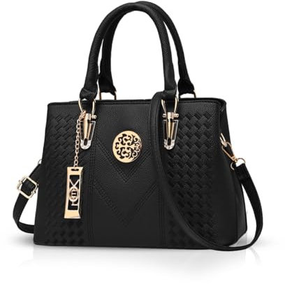 NICOLE & DORIS Elegant Taschen Stillvoll Damen Handtaschen Umhängetasche Shopper Frauen Schultertaschen Henkeltaschen PU Leder Tasche mit Anhänger Geschenke Schwarz