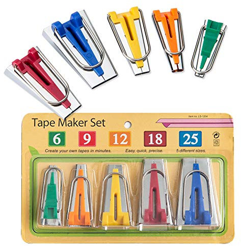 JTENG 5 Stück Schrägbandformer Schrägband Werkzeug Set für Aufbügelbares Schrägband Breiten 6 mm, 9 mm, 12 mm, 18 mm und 25 mm, Tape Maker Set Edelstahl Nähen Zubehöre Handbuch DIY Patchwork Kit,