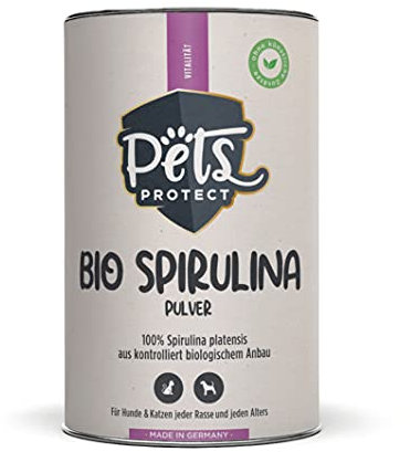 Poudre de spiruline 100 % bio pour chiens et chats | Superaliment alimentaire pour la peau et le pelage, ménage acido-basique, système immunitaire et métabolisme | Sans additifs artificiels | 150 g |