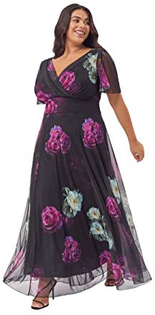 Scarlett & Jo Vestido largo para mujer, talla grande, estampado floral, para fiesta de noche, multicolor, Negro Fucsia, 52 Más