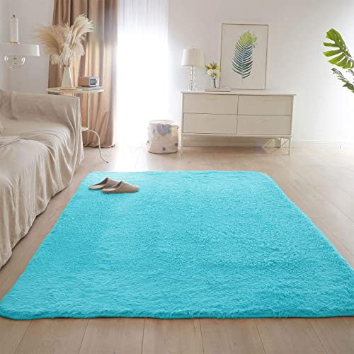 CHBIN Shaggy 180x180cm Teppich Wohnzimmer Nachahmung Wolle Teppich Fellteppich Longhair Einfach zu Säubern für Wohnzimmer Kinderzimmer Schlafzimmer Flur Läufer, Blau