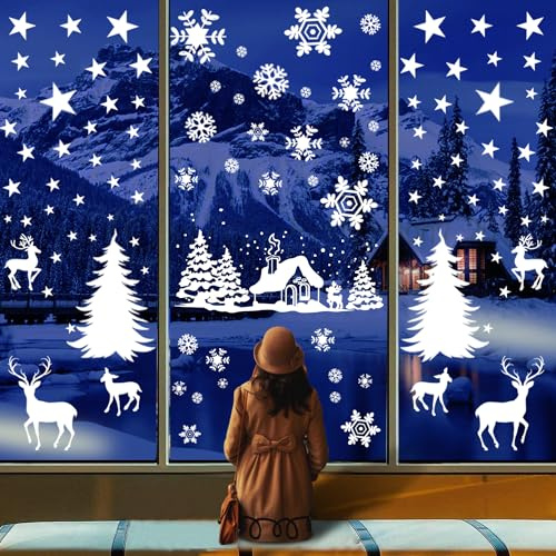 Singtis Fensterbild Weihnachten Selbstklebend - Wiederverwendbare Dekoration für Türen und Fenster mit Häuschen, Reh und Winterlandschaft，Fensterbilder Weihnachten Selbstklebend