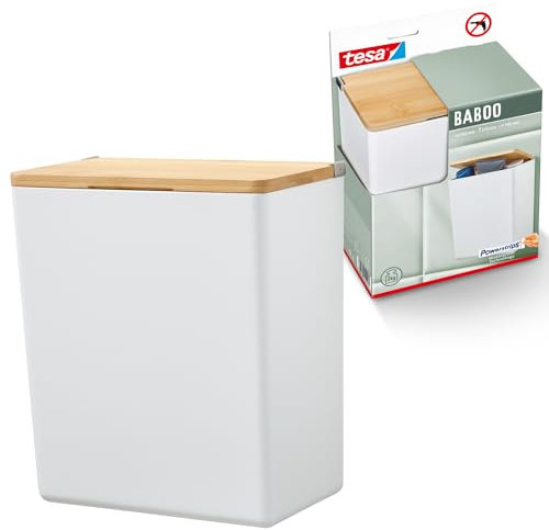 tesa Baboo L Badorganizer mit Bambus-Deckel, matt-weiß - Bad-Aufbewahrungsbox zur Wandmontage ohne Bohren, inkl. tesa Powerstrips Waterproof Strips XL - 182 mm x 210 mm x 102 mm