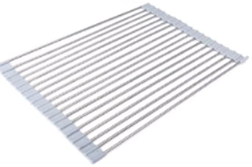 Rejilla de Secado de Platos Enrollable sobre el Fregadero de Cocina, Rejilla de Fregadero Plegable de Acero Inoxidable, Rejilla de Secado de Escurridor de Platos con Cubierta de Silicona para Vajilla