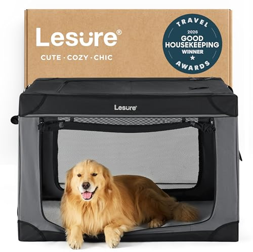 Lesure Shown on TODAY Show Soft Collapsible Dog Crate - 42 Inch Portable Travel Crate for Extra Large Dogs Indoor & Outdoor, 4-Door Foldable Pet Kennel with Mesh Windows, Black