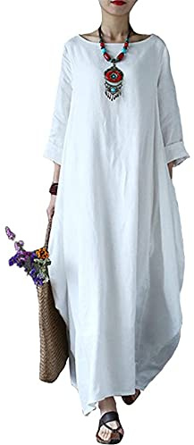 BOTCAM Women's Cotton Long Sleeve Maxi Linen Dress with Pockets, Loose V-Neck Pleated Linen Maxi Dress, Layered Boho Casual Long Leisure Dress, Retro Kaftan, Loose Robes, Oversized Loose Comfortable