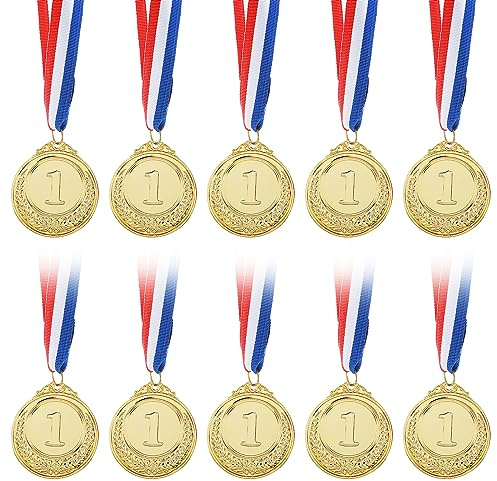 Grevosea 10 Pieces Gold Award Medals, 1st Place Winner Medals for All Ages Winner Medal Gold Prizes with 15.5 Inch Red White and Blue Ribbon for Sports Competitions Party Spelling Bees 2 Inches