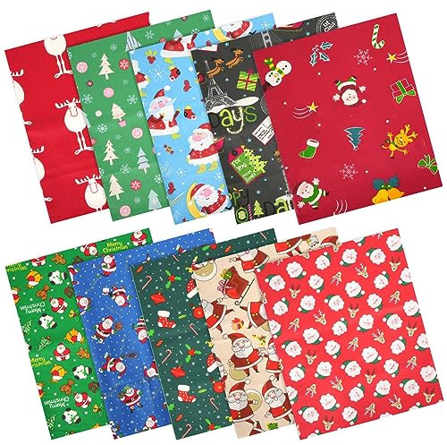 YUAENFI 10 Stücke Weihnachten Stoffpakete 50 x 50 cm Patchwork Stoffe Paket Baumwolle Weihnachten Stoffe zum Nähen mit 10 Mustern Stoffpaket zum Quilten Baumwollgewebe DIY Basteln Handwerken