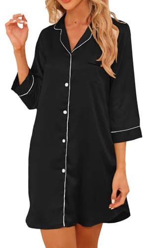 Teemie Damen Nachthemd V-Ausschnitt Satin Nachtkleid Nachtwäsche Sleepwear 3/4 Ärmeln Schlafshirt Knopfleiste Stillnachthemd Nachthemden Sleeepshirt Nursing Mit Knöpfen L