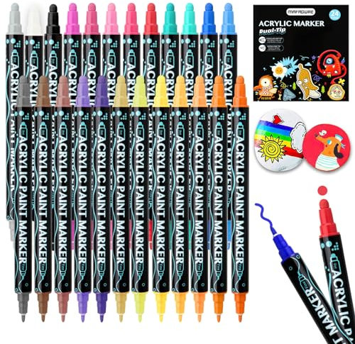 Mafagwre Acrylstifte für Steine Wasserfest, Acrylic Paint Marker, Steine Bemalen Stifte, 24 Farbige Dual Tip, Premium Wasserfest Paint Marker Set für Papier, Holz, Ostereier