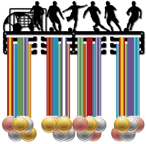 CREATCABIN Fußball-Medaillenhalter,Aufhänger,Schwarzer Metall-Medaillenständer,Organizer,Medaillenständer,Rahmen Mit 12 Haken,3 Reihen Zum Aufhängen Wandaufhänger Für Fußballspieler,40x12cm