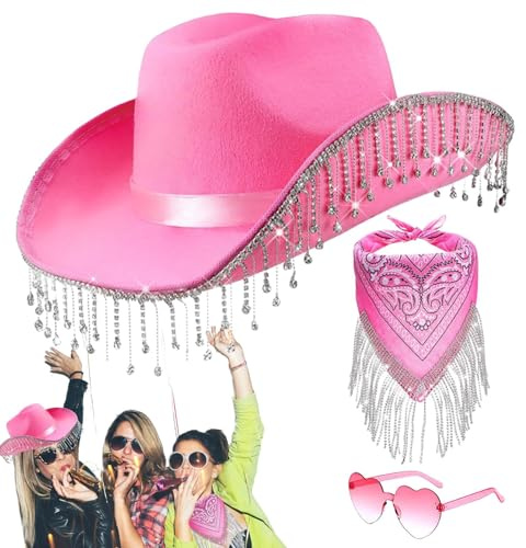 Qutalmi Cowboy Hut Damen Partybrille Accessoires, 3 Stück Cowgirl Kostüm Set, Cowboyhut Mit Strass Fransen Glitzer Mit Herzbrille, Cowgirl-Schal Für Damen, Cosplay Halloween Karneval Kostüm Zubehör