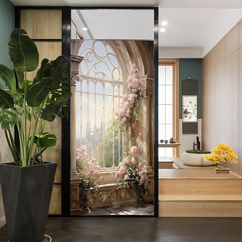 Fensterfolie mit Blumenmuster, europäische Vintage-Fensterbank, Natur, Blume, Buntglas, Sonnenschutz, Wärmeregulierung, dekorative Fensterabdeckfolie für Zuhause, Büro, 60 x 80 cm (B x L), Burgrosa
