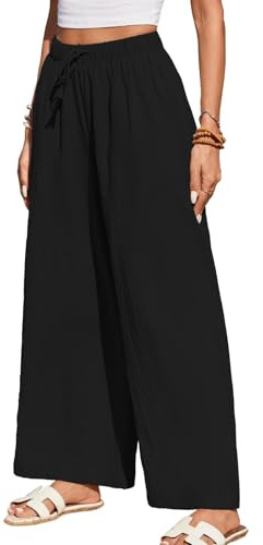 HAPYWER Leinenhose Damen Weites Bein Sommerhose Leichte Freizeithose Lang Stoffhose High Waist mit Gummizug Palazzo Strandhose mit Taschen(Schwarz,XL)