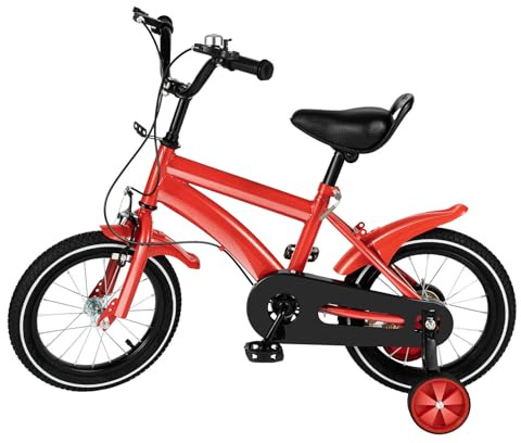 KumuJ 14 Zoll Kinderfahrrad mit Stützrädern Fahrrad Jungen Mädchen Kinder Fahrrad für ab 3-6 Jahre Fahrräder Kinderrad Ausbildungsfahrzeuge,56 cm auf 67 cm Höhe Einstellen (Rot)