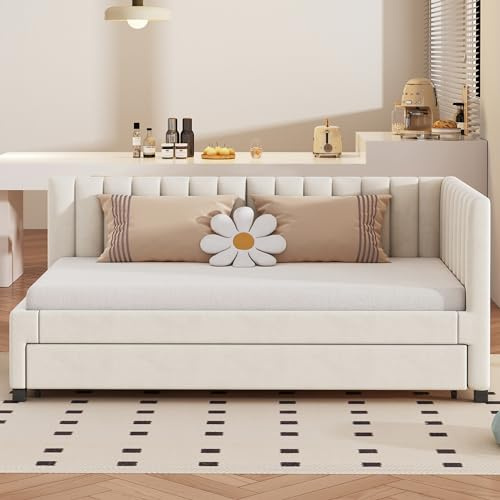 Idemon Polsterbett 90 * 200, Ausziehbares Schlafsofa, Multifunktionsbett mit Lattenrost, Jugendbetten Kinderbetten Gästebetten, Samtstoff (Beige)