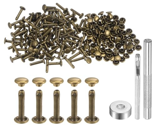 QUARKZMAN 100 Sets 6mm x 12mm Leder Nieten, Metall Doppelkappe Nieten Tubular Runde Druckknöpfe mit 3 Stück Werkzeugen für Handwerk Reparatur Dekoration Gürtel Kleidung (Bronze)