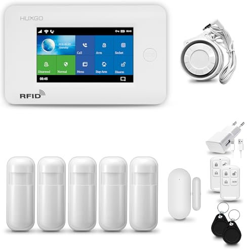 HUXGO® HXA006 Sistema de Alarma para casa WiFi + gsm con Sirena | Alarma hogar Kit con 5X sensores PIR de Movimiento, 1x Sensor de Puerta/Ventana | Control Desde el teléfono