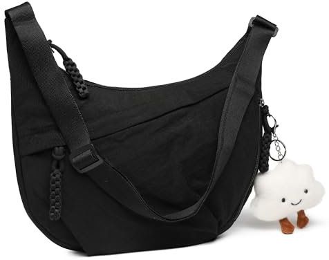 Micmores Crossbody Bag Damen Umhängetasche, Nylon Schultertasche Moon Bag Stylische Halbmond Tasche mit verstellbarer Schultergurt, Hobo Casual Handtasche für Arbeit, Reisen, Alltag(Schwarz)